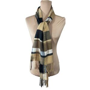 Fraas Cashmink Scarf Tan Black Fringe Tassels Plaid Germany Rectangle